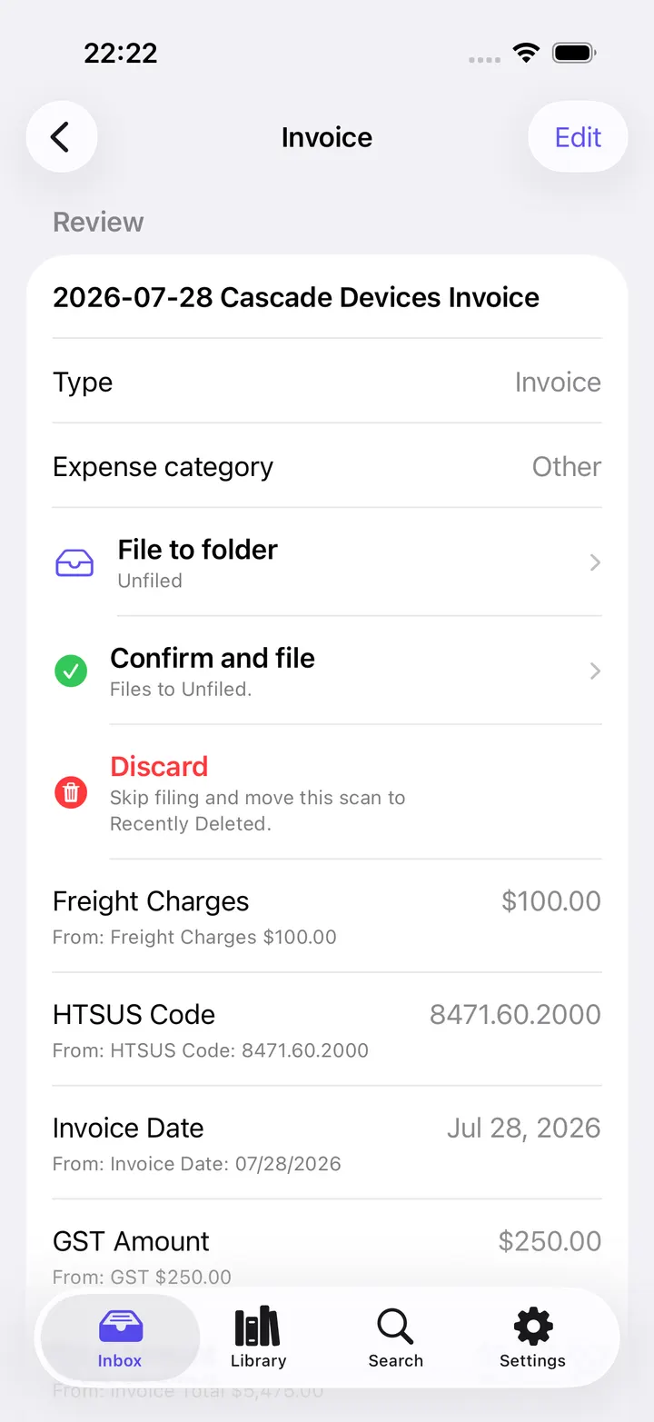 ScanMind invoice review screen with filing actions and extracted fields